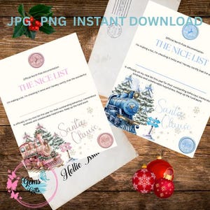 May include: Two "Nice List" documents with illustrations of trains and Christmas trees, along with a "Santa Clause" signature. The documents are on a wooden surface, with red Christmas ornaments and holly.