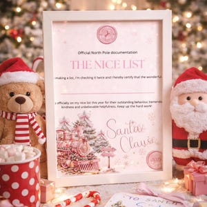 May include: A framed "Nice List" certificate with a Santa Claus illustration, a teddy bear, and a Santa Claus figure. The certificate has the text "The Nice List" and "Santa Clause 2025". Other Christmas decorations are also present.