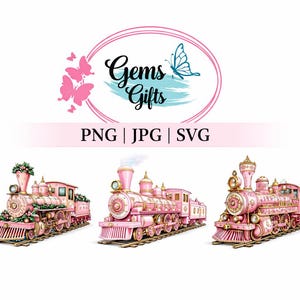 May include: Three pink and gold decorative train illustrations. The trains are detailed with floral and ornate designs. The image includes the text "Gems Gifts" in a pink and teal oval, and the file types "PNG | JPG | SVG".