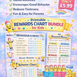 May include: Printable rewards chart bundle for kids. Includes a behavior-o-meter, reward menu, and behavior chart. Features a pencil character and colorful design. Helps build routines, encourage good behavior, and reduce tantrums.