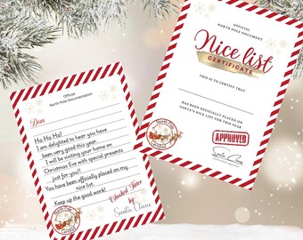 May include: Two Christmas-themed documents: a letter and a certificate. The letter, from Santa, has red and white striped borders and a North Pole seal. The certificate, also with red and white stripes, is a "Nice List" certificate, with an "Approved" stamp.