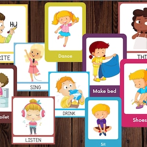 Montessori Flashcards, afdrukbaar - eerste woord-flashcards, educatieve leermiddelen, babyleerkaarten, actiewerkwoorden, kleuterschool
