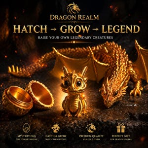 May include: A golden dragon-themed display featuring a baby dragon figurine, a dragon egg, and a larger dragon sculpture. The text reads "HATCH → GROW → LEGEND" and "RAISE YOUR OWN LEGENDARY CREATURES". The display also includes the text "MYSTERY EGG", "HATCH & GROW", "PREMIUM QUALITY", and "PERFECT GIFT".