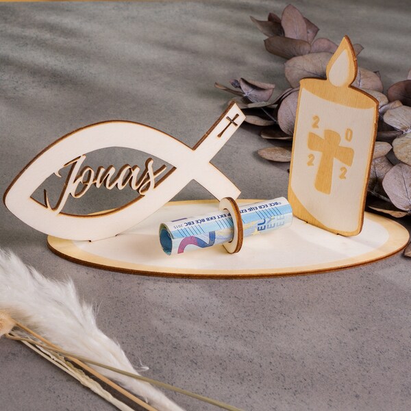 Gift of money - Fish with desired name Candle made of wood - Birth - Wedding - Baptism - Communion - Confirmation