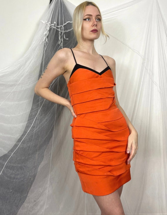 80s Gianni Versace Couture Pleated Orange Dress | 