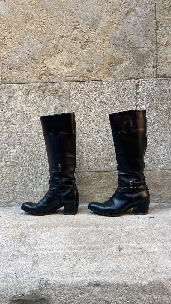 1990s Prada Motorcycle Buckle Boots | Black Leathe