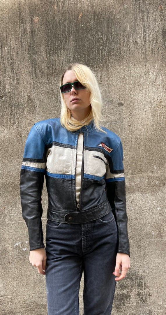 90s Dainese Motorcycle Leather Jacket in Blue, Wh… - image 5