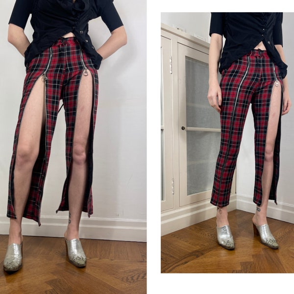 Y2k Tartan High Waisted Punk Pants with Zip Openings | Size S-M