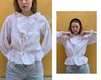 Y2K Edwardian Style White Cotton Blouse with Balloon Sleeves | Women's size medium