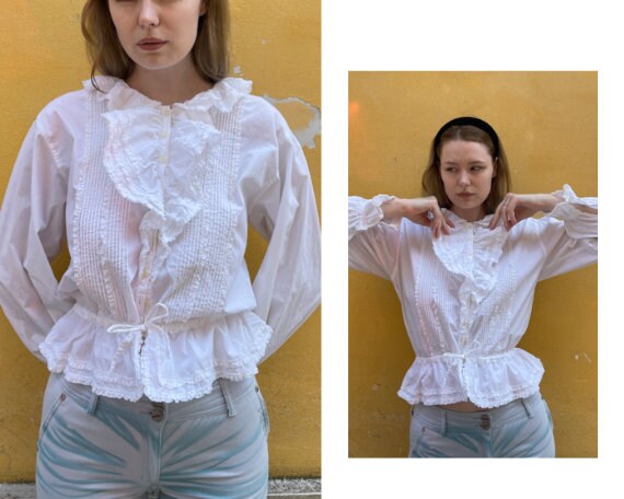 Y2K Edwardian Style White Cotton Blouse with Ball… - image 1