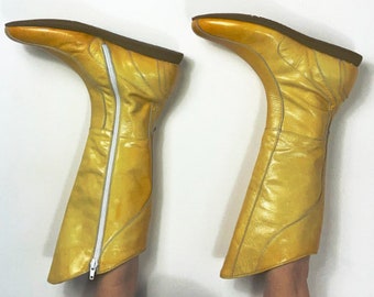 90s Patent Yellow Leather Boxing Boots | Mid Calf | Size EU 38