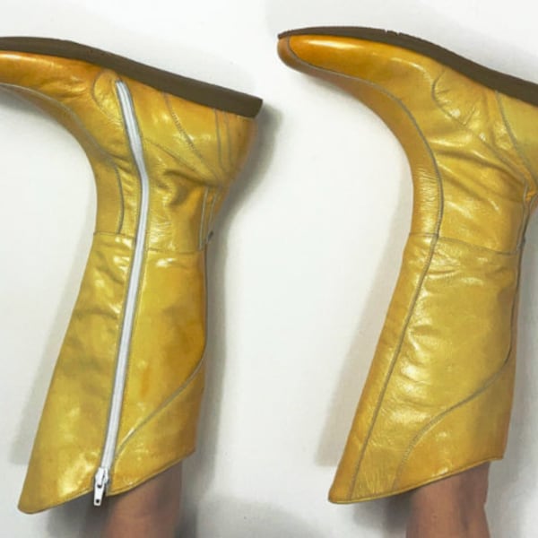 90s Patent Yellow Leather Boxing Boots | Mid Calf | Size EU 38