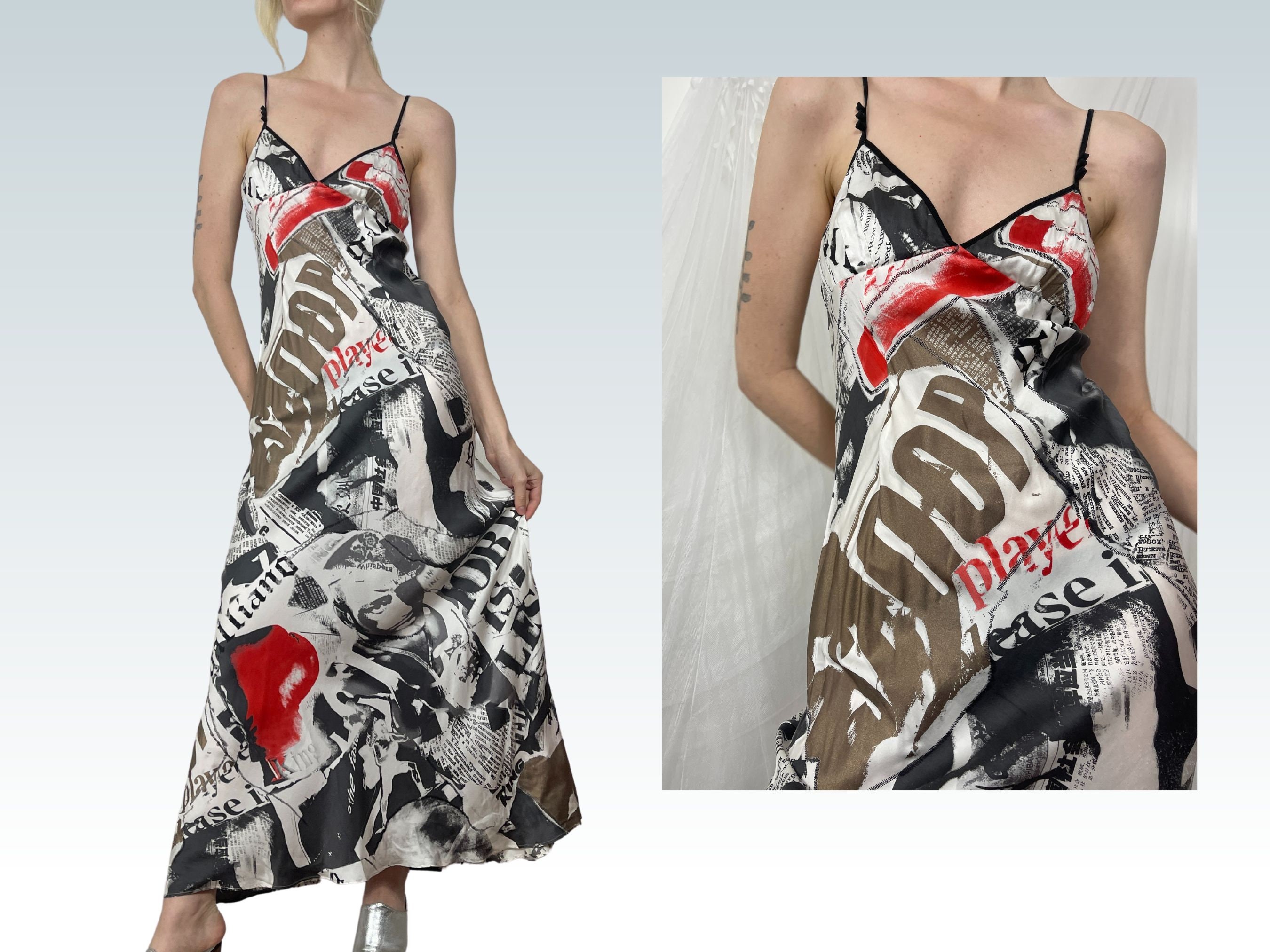 John Galliano Vintage Bias Cut Silk Lace Print Silk Evening Dress