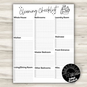 Op de afbeelding: Een afdrukbare schoonmaakchecklist met een zwart-witte illustratie van schoonmaakmiddelen in een emmer. De checklist is onderverdeeld in secties voor verschillende delen van het huis, waaronder het hele huis, badkamers, wasruimte, keuken, trap, voordeur, hoofdslaapkamer, woonkamer/eetkamer, andere slaapkamers en diversen.