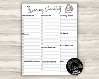 Cleaning Checklist Printable | Simple Cleaning Checklist | Black and White | Instant Download | Organized List | Minimal Cleaning List