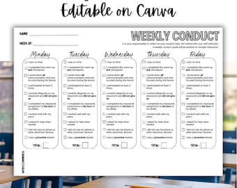 Weekly Conduct Sheet | Behavior Checklist | Behavior Management | Instant Download | EDITABLE