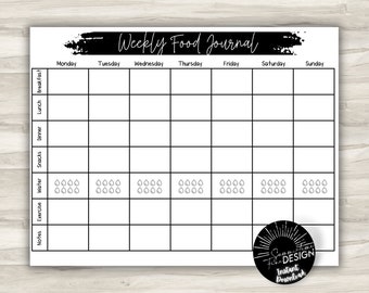 Food Log Weekly Food Journal | Printable Food Journal | Weekly Food Diary Food Log | Black and White Food Journal | Instant Download