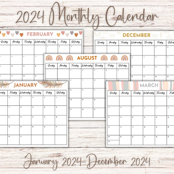 Boho Kalender | 2024 Kalender | Druckbarer Monatskalender | Boho Kalender