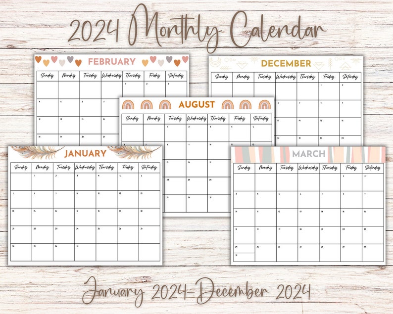 Boho Calendar 2024 Calendar Printable Monthly Calendar Bohemian