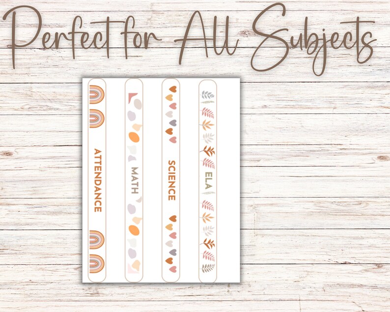 May include: A white paper with vertical labels for subjects like Attendance, Math, Science, and ELA. Each label has a unique design, including rainbows, abstract shapes, hearts, and leaves. The text "Perfect for All Subjects" is at the top.