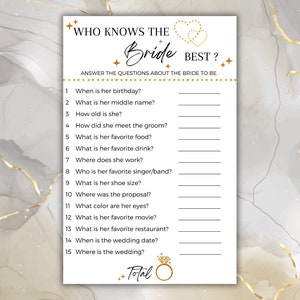 Bridal Shower Games | Who Knows The Bride Best | How Well Do You Know The Bride | Gold Sparkle Bling Bling| Instant Download | Printable