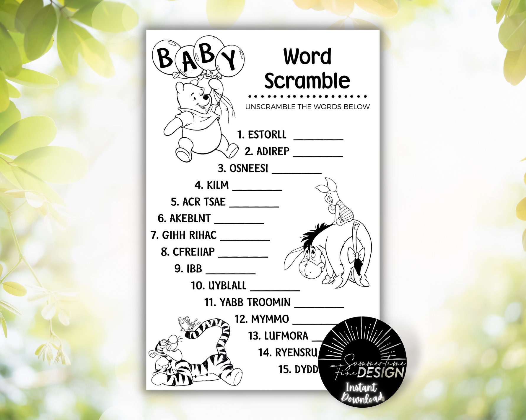 Winnie the Pooh Baby Animal Shower Game , Classic Winnie the Pooh Baby  Shower Games, Editable Winnie the Pooh Baby Shower Game CWG 