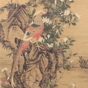Dipinto di fiori e uccelli in stile tradizionale cinese, carta di riso vintage dipinta a mano 044