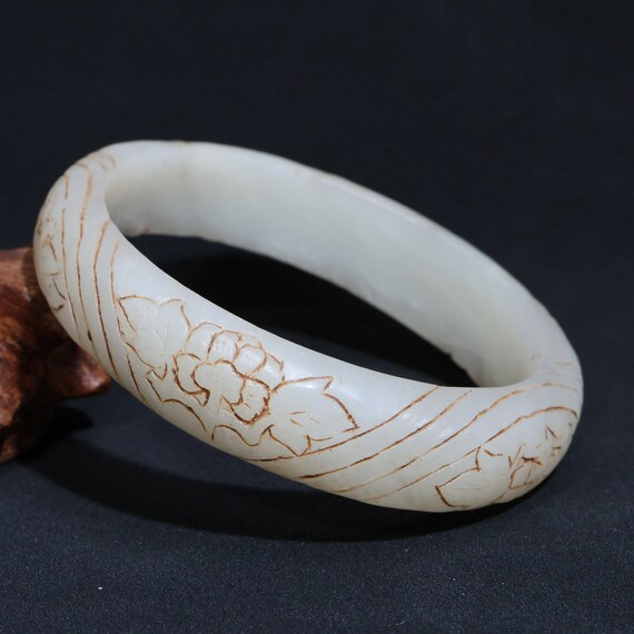 Antique Chinese Hetian Jade Bracelet, Inlaid Diam… - image 6