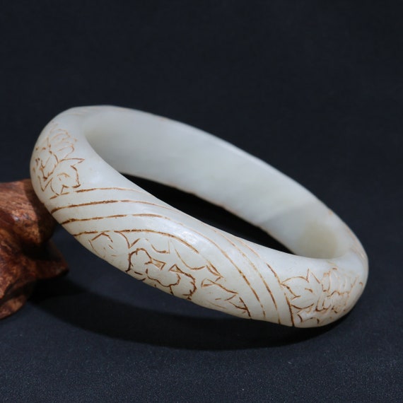 Antique Chinese Hetian Jade Bracelet, Inlaid Diam… - image 3