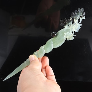 Beautiful plum blossom Jade Hairpin,Certificate Natural Xiu Jade Hairpin, jade Hand carved flower Hair Stick,Gift for Her K1845