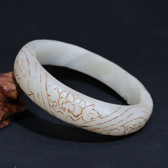 Antique Chinese Hetian Jade Bracelet, Inlaid Diam… - image 2