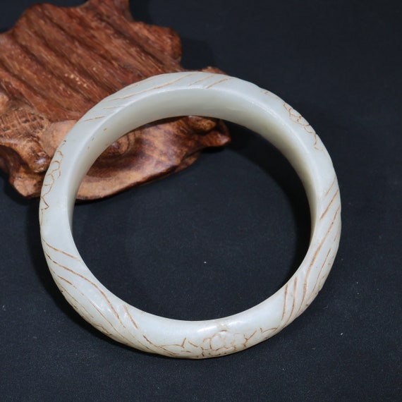 Antique Chinese Hetian Jade Bracelet, Inlaid Diam… - image 7