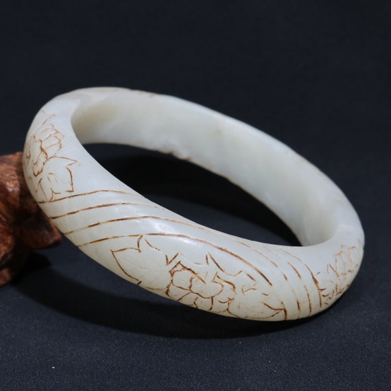 Antique Chinese Hetian Jade Bracelet, Inlaid Diam… - image 5