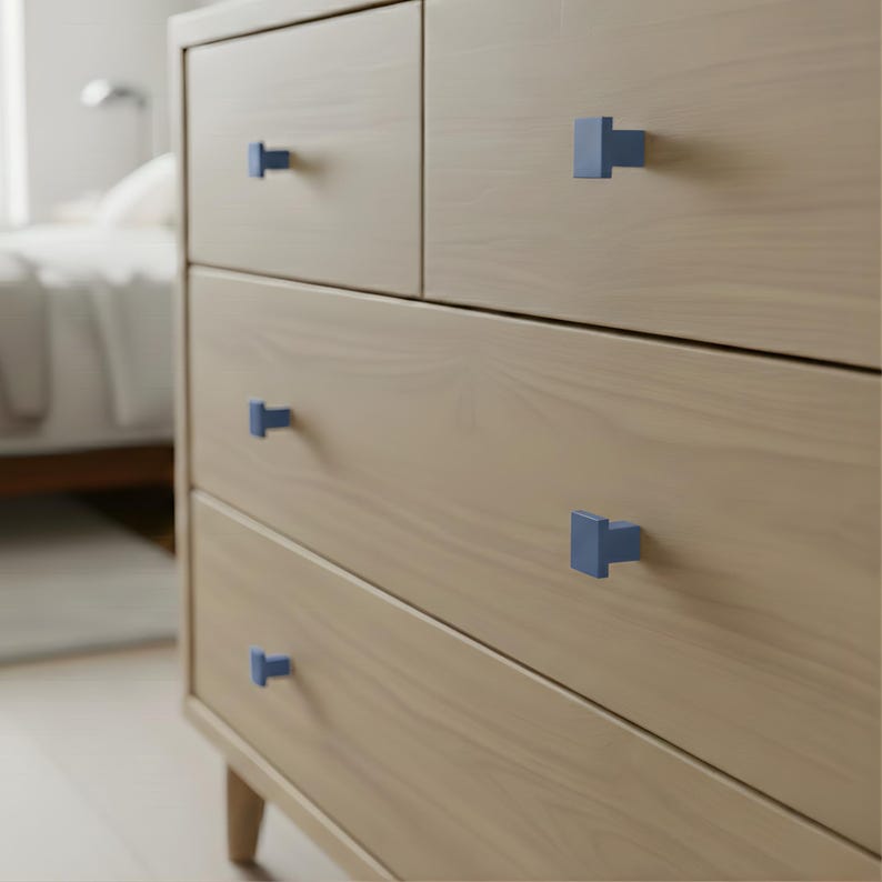 Matte Geometric Door Knobs - Solid Aluminum Drawer Pulls and Kitchen Hardware - Symmetrical Square Drawer Handle for Room Decor - Set of 6