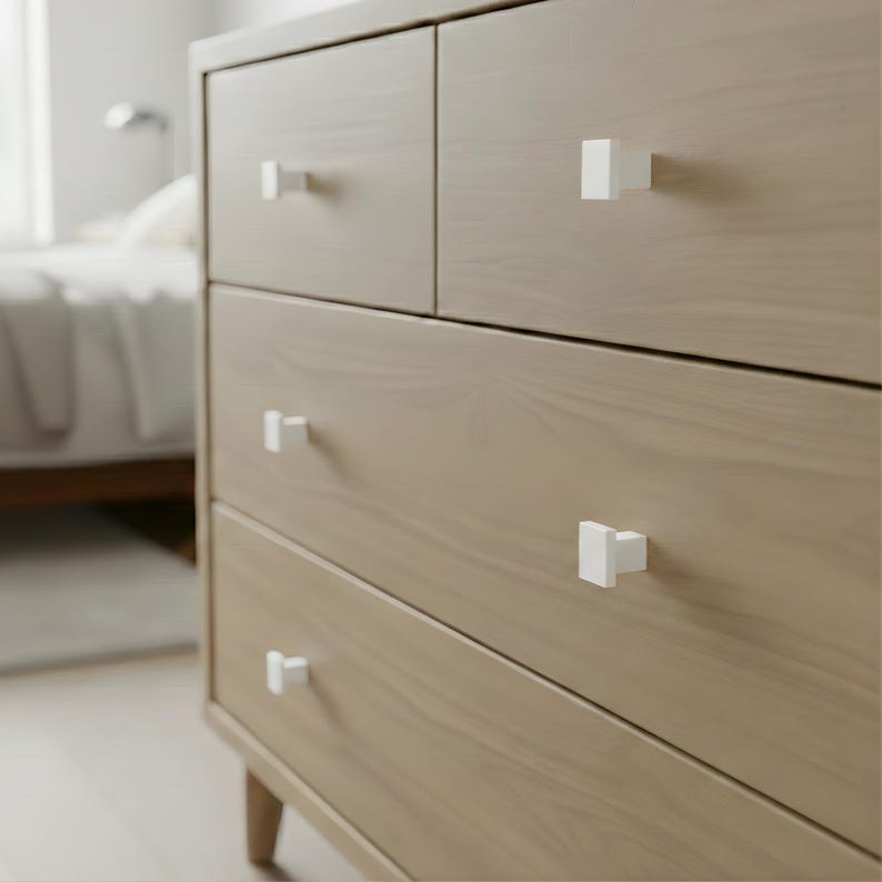 Matte Geometric Door Knobs - Solid Aluminum Drawer Pulls and Kitchen Hardware - Symmetrical Square Drawer Handle for Room Decor - Set of 6