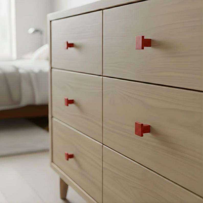 Matte Geometric Door Knobs - Solid Aluminum Drawer Pulls and Kitchen Hardware - Symmetrical Square Drawer Handle for Room Decor - Set of 6