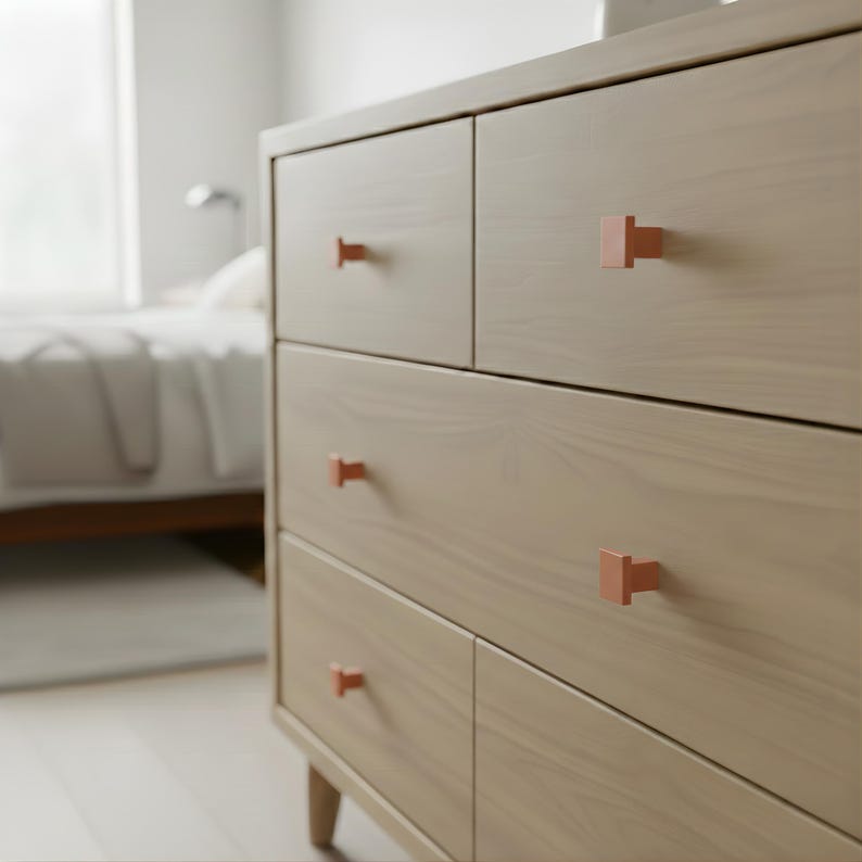 Matte Geometric Door Knobs - Solid Aluminum Drawer Pulls and Kitchen Hardware - Symmetrical Square Drawer Handle for Room Decor - Set of 6