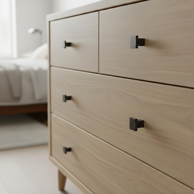 Matte Geometric Door Knobs - Solid Aluminum Drawer Pulls and Kitchen Hardware - Symmetrical Square Drawer Handle for Room Decor - Set of 6