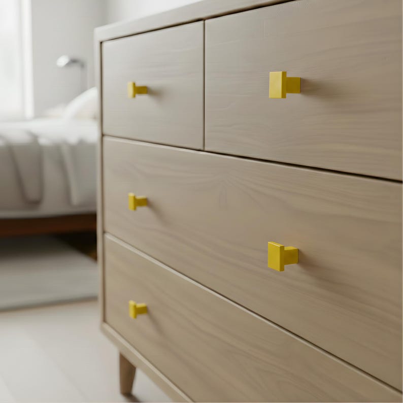 Matte Geometric Door Knobs - Solid Aluminum Drawer Pulls and Kitchen Hardware - Symmetrical Square Drawer Handle for Room Decor - Set of 6