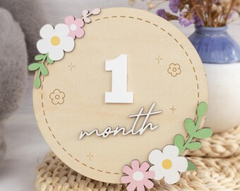 Wooden Baby Milestone Sign, Floral Monthly Milestone Card, Newborn Photo Prop,Baby Shower Gift For Girl,3D Monthly Milestone Discs,Baby Sign