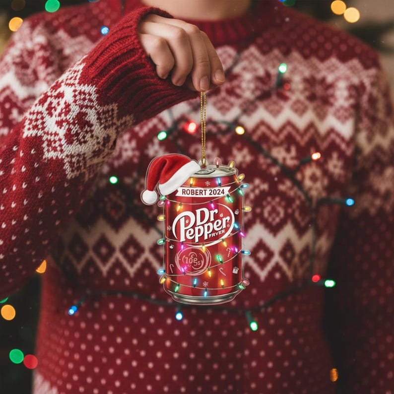 May include: A red Dr. Pepper can Christmas ornament with a Santa hat and string lights. The ornament has the text "ROBERT 2024" and the Dr. Pepper logo. The ornament is being held by a person wearing a red Christmas sweater.
