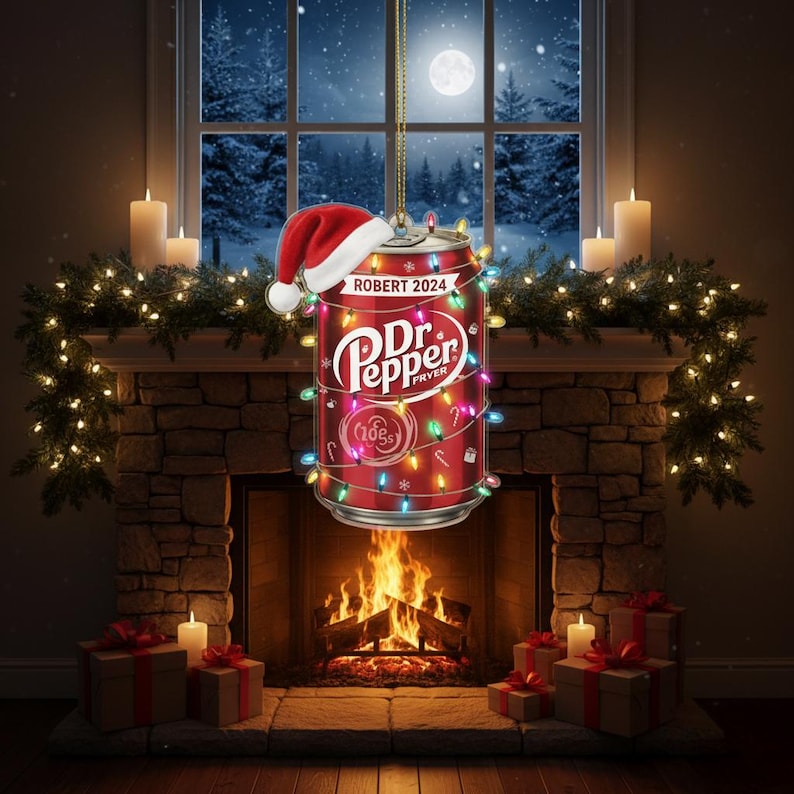 May include: A red Dr. Pepper can Christmas ornament with a Santa hat, string lights, and the text "ROBERT 2024." The ornament hangs in front of a fireplace with a Christmas scene in the background.