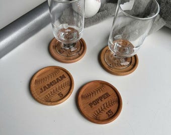 Personalized Baseball Wooden Coasters: Custom Name & Number