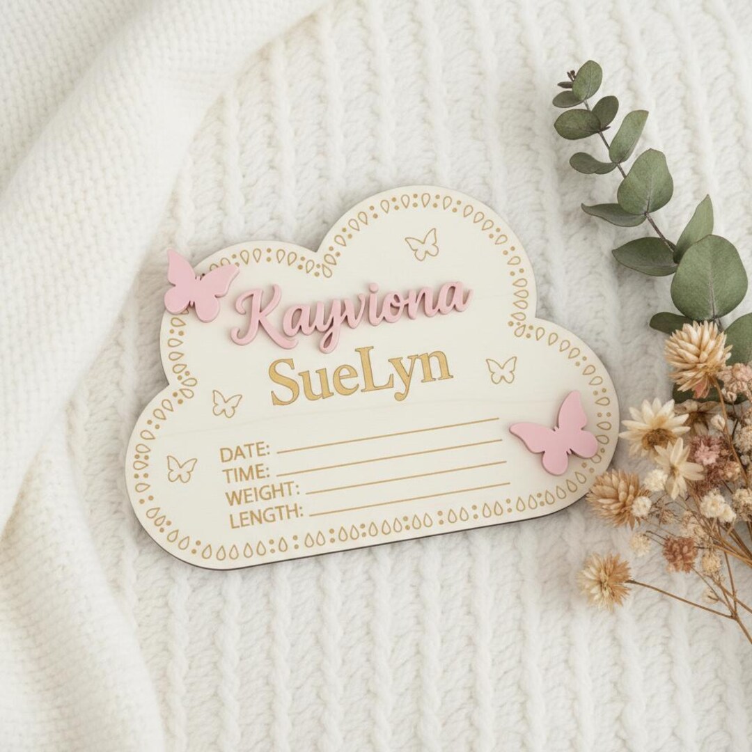 Personalized Wooden Baby Birth Announcement Sign, Cloud Nursery Name ...
