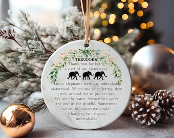 Personalized Sisterhood Ornament – Elephant Friendship Ornament – Meaningful Christmas Gift – 3-inch Round Keepsake