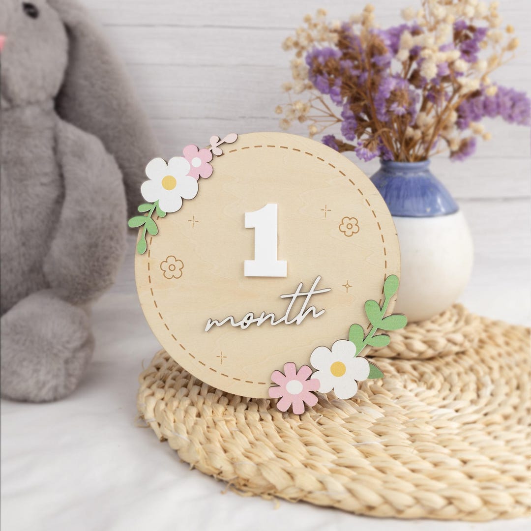 Wooden Baby Milestone Sign, Floral Monthly Milestone Card, Newborn ...