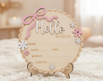 Baby Girl Hello World Sign Wooden Birth Stats Baby Shower Gift
