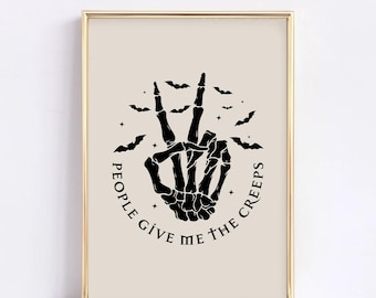 Skeleton Print | Halloween PRINTABLE Wall Art | Spooky Halloween Decor | Halloween Poster | Skeleton Peace Sign Digital Download