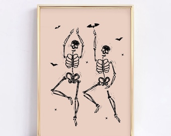Pink Skeleton Dance Print: Boho Halloween Wall Art (Digital Download)