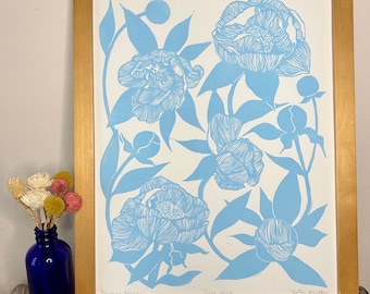 Blooming Peonies Linocut Print